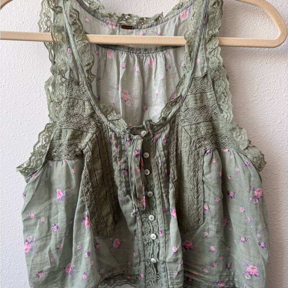 Free People Sage Green Floral Lace Blouse